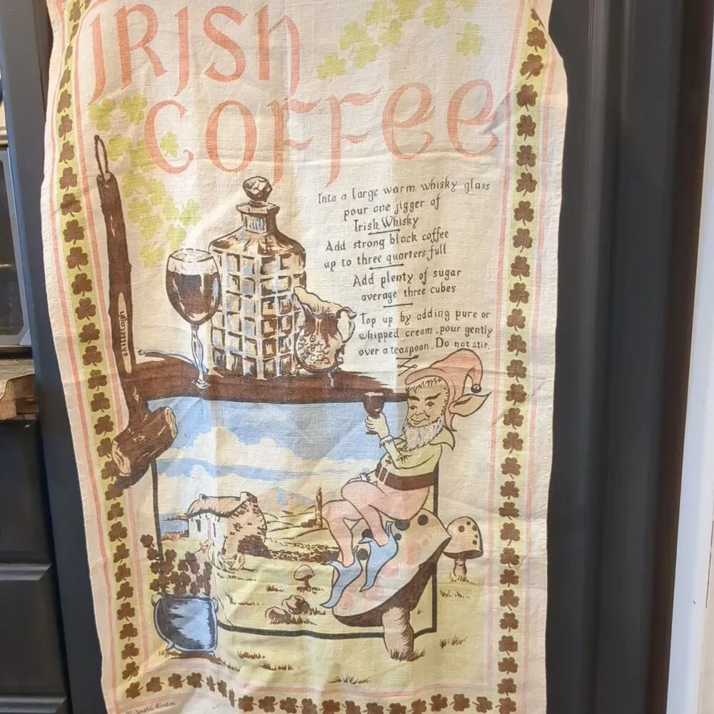 Vintage Irish Linen Tea Towel Irish Coffee Recipe Gnome Elf Ireland 19x28
